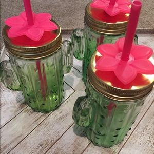 3 cactus glasses with floral straw